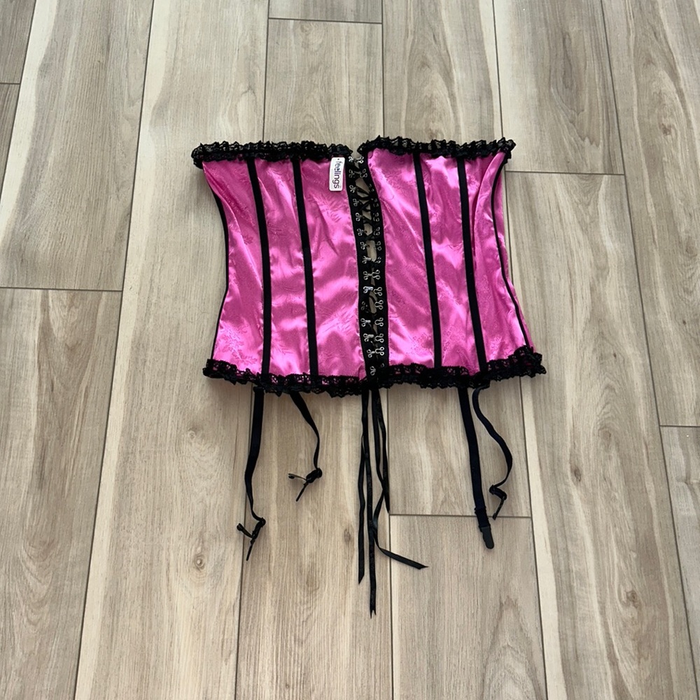 New Women’s Size XL Shiny Hot Pink with Black Lace & Garders Corset Lingerie